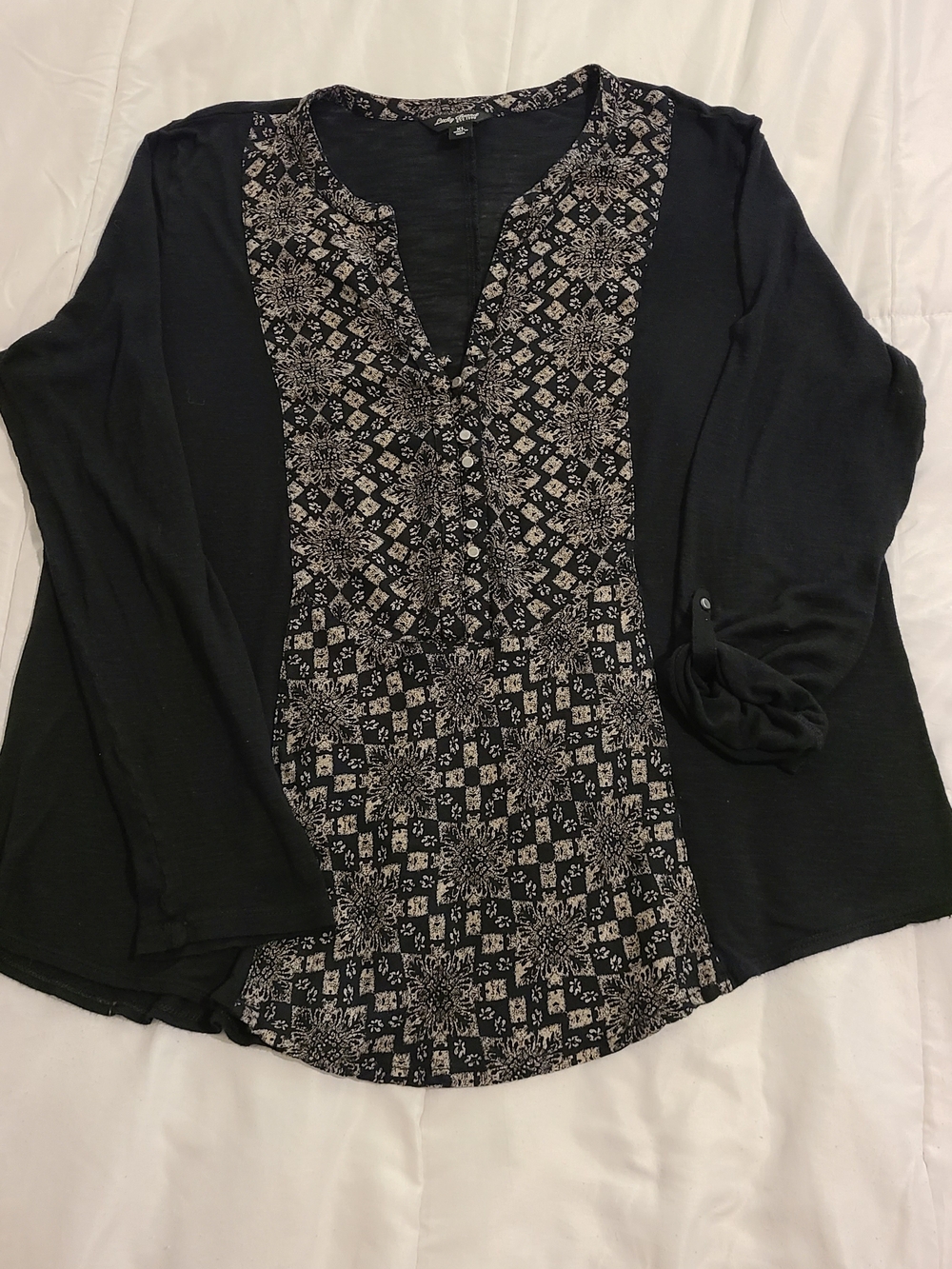 Lucky Brand Black Patterned Front Panel Lightweight Long Sleeve Top Sz XL